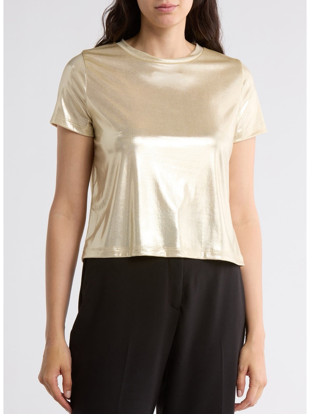 NWT Renee C Metallic Crewneck T Shirt Tee Sand Champagne Sz L
